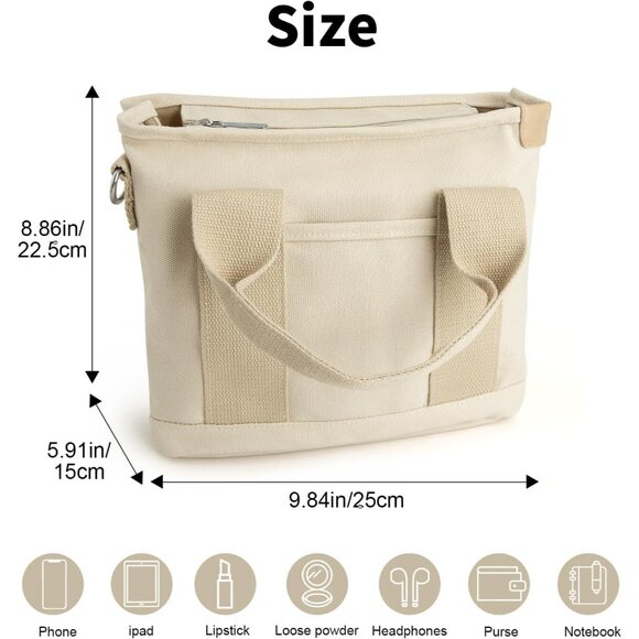 Women's Khaki Canvas Tote Bag With Multi Pockets Mini Shoulder Bags With Zipper - Picture 2 of 6